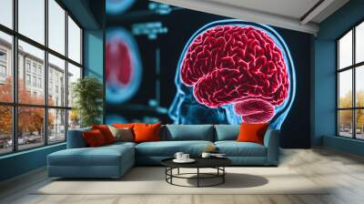 A detailed illustration of a human brain, showcasing its intricate structure and neural pathways against a dark background. Wall mural