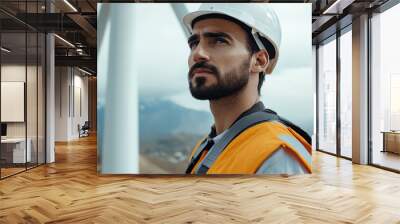 A focused construction worker wearing a hard hat and safety gear, gazing thoughtfully amid wind turbines in a mountainous landscape. Wall mural