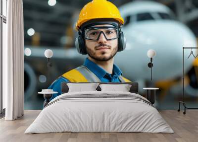 A focused male aerospace worker in safety gear, standing in front of an airplane. The environment reflects modern aviation and teamwork. Wall mural