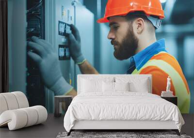 A focused worker in an orange safety helmet and gloves operates electrical equipment in a modern industrial setting. Wall mural