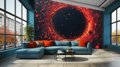 A mesmerizing abstract design featuring a central glowing circle surrounded by vibrant specks of red and orange, creating depth and energy. Wall mural