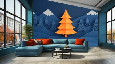 A vibrant orange paper tree stands prominently against a tranquil mountain backdrop, showcasing artistry in layered paper design, ideal for nature and craft enthusiasts. Wall mural