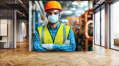 A worker in a factory wearing a hard hat and safety mask stands confidently among machinery, showcasing commitment to safety and industry standards. Wall mural