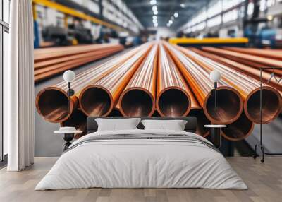 Close-up of copper pipes in a manufacturing facility, showcasing precision and quality in construction materials against a blurred factory background. Wall mural