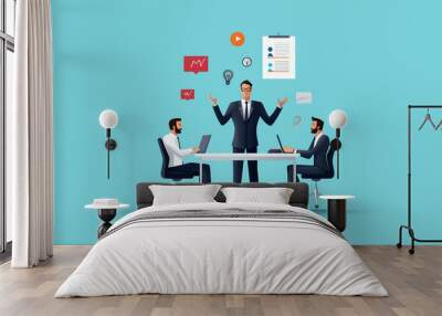 Professional teamwork scene with two colleagues and a manager collaborating at a table, surrounded by digital communication icons, bright background. Wall mural