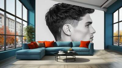 Profile view of a young man with stylish curly hair, showcasing a defined jawline and a modern hairstyle on a neutral background. Wall mural