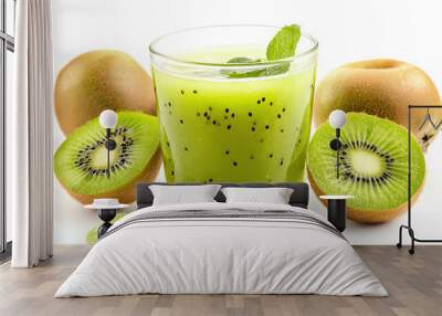 Refreshing kiwi smoothie with mint, surrounded by fresh kiwi fruits on a white background. Wall mural