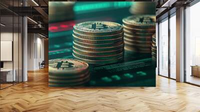 Stacks of bitcoin coins showcasing cryptocurrency investment and digital finance on a modern trading interface with green and red indicators. Wall mural