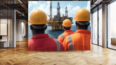 Two workers in safety gear observing an offshore oil rig against a blue sky with clouds, symbolizing teamwork and industry innovation. Ideal for energy and labor-related themes. Wall mural