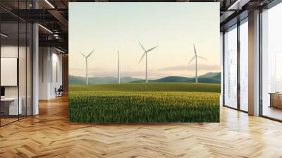 Wind turbines standing tall in a lush green landscape under a clear sky, symbolizing renewable energy and sustainable development. Wall mural