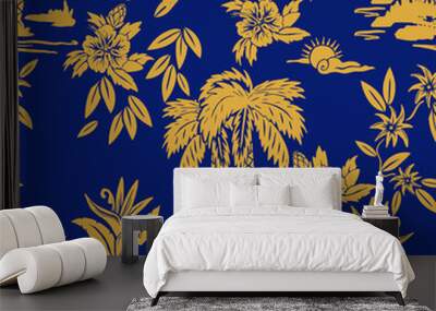 Seamless vector print designs with Hawaii, tropical, surf, palm tiki mask themed. Wall mural