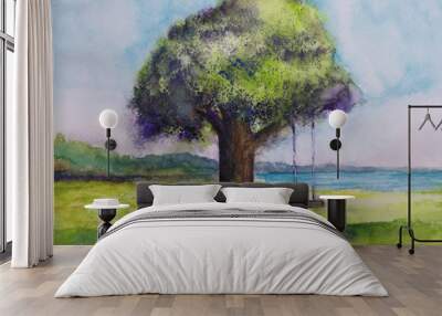 watercolor illustration landscape tree swing and mountain sea with clouds. Wall mural