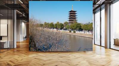 Ancient Tang dynasty style pagoda in Baoshan temple. Buddhist temple located on the banks of the Lianqi River, Baoshan, Shanghai. Wall mural