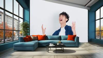 Portrait of a handsome Chinese young man in blue shirt shouting with two arms open, smiling and happy expression, isolated on white background. Wall mural