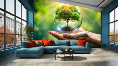 Global sustainable environment concept - ESG, net zero, eco, co2, carbon, human hand holding green globe orb with growing tree save our planet, world environment day, earth day and climate change stoc Wall mural