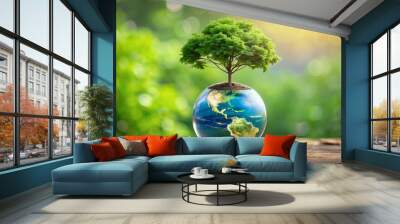 Globe ball with tree growing and green nature blur background, Eco concept, Saving environment, Save clean planet, Ecology concept, Card for world earth day Wall mural