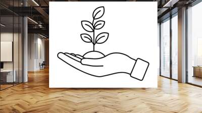 Hand holding soil with plant line and solid icon, Garden and gardening concept, Seedling sign on white background, Young plant in soil in caring hand icon in outline style for mobile. Vector Wall mural