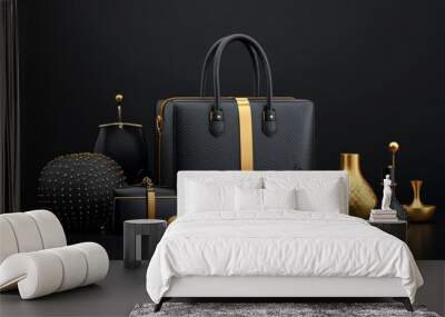 Black Luxury Handbag with Gold Accents and Decor Wall mural