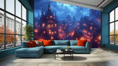 Halloween Haunted Town with Jack o  Lanterns and Bats Wall mural