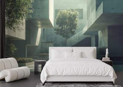 Modern Concrete Courtyard with Green Plants and Sunlight Wall mural