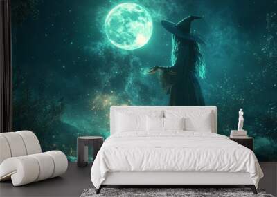 Mysterious Witch Casting Spell Under Full Moon Wall mural