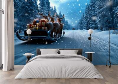 Reindeer Sleigh with Gifts in Winter Forest Landscape Wall mural