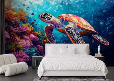 Sea Turtle Swimming Over Coral Reef Wall mural