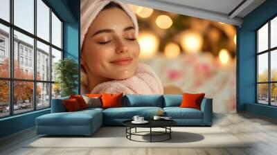 Woman Relaxing with Towel on Head and Face Mask Wall mural