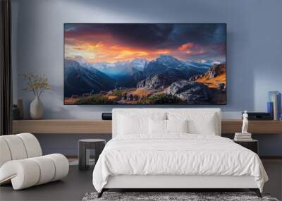 A smart tv connected with a sound bar Wall mural