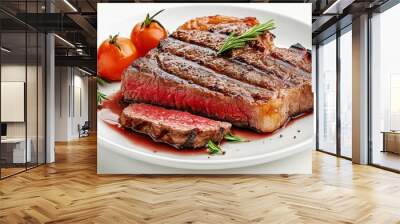 Beef steak served in plate on white background. Grilled steak medium rare. Wall mural