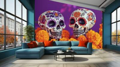 Day of the dead Dia De Los Muertos halloween Celebration Background. Sugar Skull calaverita marigolds flowers purple Copy Space. Traditional Mexican culture festival flyer. Flat lay top view. Wall mural