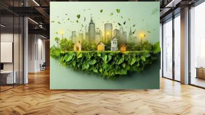 Environmentally friendly planet. Trees and solar street lights made of green leaves with hand drawn sketches of a city houses. Minimal nature concept.Think Green. Ecology Concept.Flat lay.T Wall mural