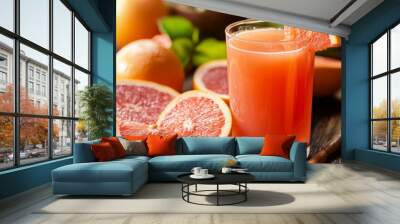 Fresh grapefruits and glass of grapefruit juice Wall mural