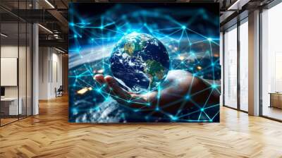 Hand reaching Earth hologram surrounded by network symbolizing connectivity and globalization in future Wall mural