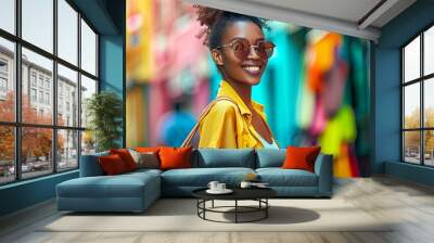 Happy luxury African woman shopping in urban city. Vibrant fashion lifestyle Wall mural