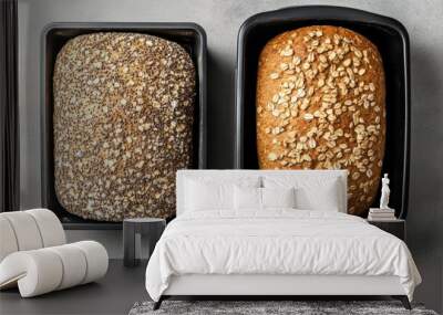 Homemade whole grain bread. Freshly baked wholegrain loaf bun in home bread maker machine isolated top view Wall mural