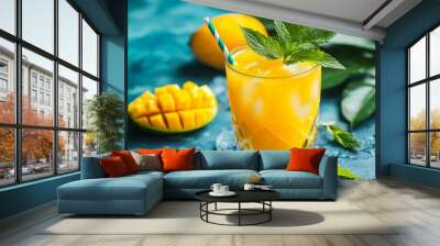 Mango juice in a glass. tropical juice. Lemonade. Mint leaves. Blue background. Summer drink. Wall mural