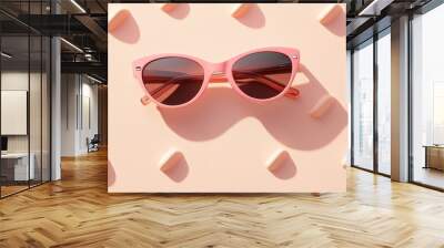 Minimal pattern of Stylish sunglasses with pink Frame on peach beige color background sunlight shadow summer fashion plastic-framed glasses. Aesthetic top view eyewear linear geometric patterns Wall mural