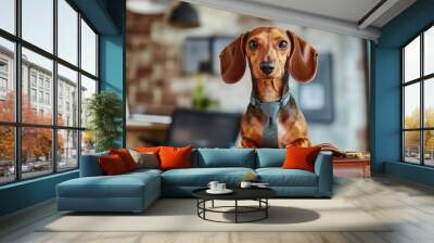 Office worker businessman dachshund sausage dog as boss and chef  with suitcase or bag as a secretary with tie  at the office Wall mural