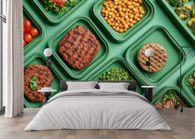 Pattern of green trays with vegetarian meat substitute products plant based mock meat Wall mural