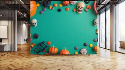 Playful kids Halloween celebration scene. Overhead view image presenting candies youngsters costume items and Halloween-themed decorations on isolated green backdrop offering space for ad or text Wall mural