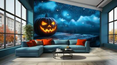 Scary glowing halloween pumpkin on a wooden old table with free space for design and text at night. Happy halloween concept. Wall mural