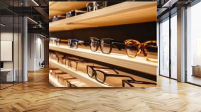 Showcase of stylish eyewear in an optics store. Wall mural