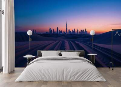 Silhouette of Dubai skyline and tire tracks in sand dune landscape at sunset Wall mural