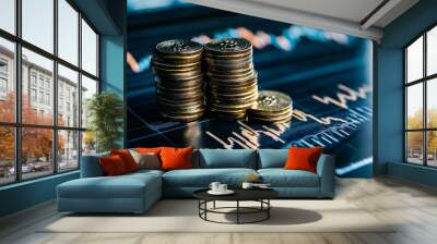 Stack of coins with trading price graph growth.Money business financial graph diagram of coin. Financial growth data or investment market profit bar and success report.Saving money concept. Wall mural