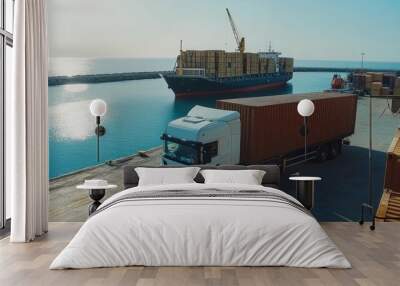 Truck in harbor. Open container with boxes. Sea harbor. Place for unloading ships. Harbor on ocean. Port logistics. Truck with boxes. Cargo port in summer weather. Ship waiting for unloading in port Wall mural