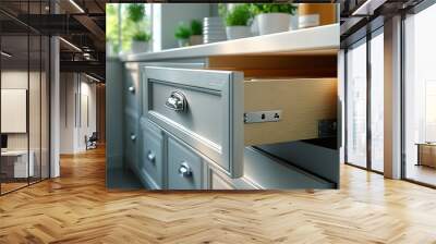 A kitchen with a white cabinet and a drawer that is open Wall mural