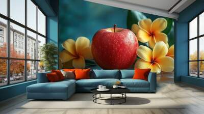 A red apple on a wooden table, surrounded by yellow plumeria flowers Wall mural