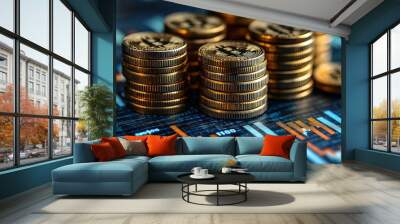 A stack of gold coins with the word Bitcoin on them Wall mural