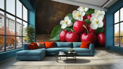 Red cherries with white flowers on wooden table background Wall mural